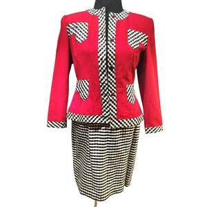 Vintage 80s Portrait Silk Skirt Suit Red Collarless Blazer Gingham Check Dress4
